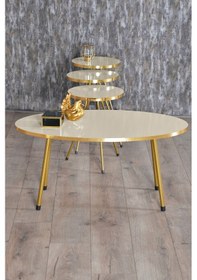Resim Zigon Sehpa Ve Orta Sehpa Elips Gold Metal Ayak Gold Krem Set Diğer 