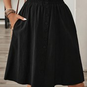 Resim Kadınlar İçin Şık Düz Renk Siyah Midi Etek - Yüksek Bel, Önü Düğmeli, A Kesim Silueti, Esnemez Polyester Kumaş, İlkbahar/Yaz/Sonbahar için Mükemmel, Her Gün Kullanışlı Etek | Düğme Eteği | Polyester Kumaştan Etek 