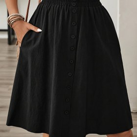 Resim Kadınlar İçin Şık Düz Renk Siyah Midi Etek - Yüksek Bel, Önü Düğmeli, A Kesim Silueti, Esnemez Polyester Kumaş, İlkbahar/Yaz/Sonbahar için Mükemmel, Her Gün Kullanışlı Etek | Düğme Eteği | Polyester Kumaştan Etek 