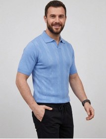 Resim Erkek Yazlık Triko Dokuma Tişört Kısa Kol Polo Yaka T-shirt - Bebek Mavisi 