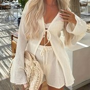 Resim Kadınların Yaz Üstü Ön Bağlı ve Uzun Kollu - Bej, Dokulu Kumaş, Rahat Tatil Stili, Şort Eşleşen Set, Rahat Kıyafet|Tatil Stili Üst| İnşaat, Şort 