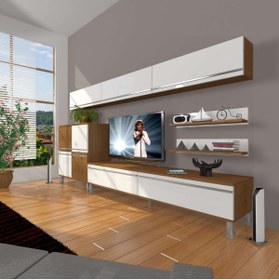 Resim Decoraktiv Eko 8 Mdf Std Krom Ayaklı Tv Ünitesi Tv Sehpası - Ceviz - Beyaz 