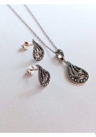Resim Gümüş Markazit Taşlı Otantik Lale Tasarım Kadın Set Kolye Küpe 