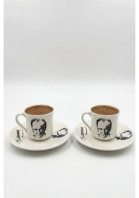 Resim 2'li Atatürk Silüet Ve İmzalı Kahve Fincanı Seti - Baskılı Fincan Takımı Beyaz 