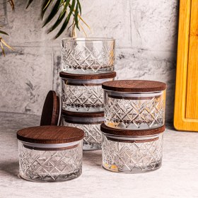 Resim Snippy Milla 6'lı Ahşap Vakumlu Kapaklı Cam Kahvaltılık Çok Amaçlı Cam Çerezlik 230 ml 