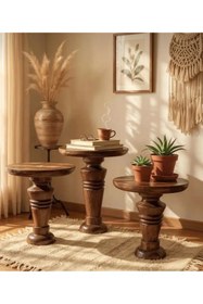 Resim AYLESA Doğal Ahşap 3’lü Set Mantar Yan Sehpa Modern Ceviz Renk Fiskos Zigon Çiçeklik 