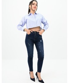 Resim Koza Butik Kadın Çizgili Mavi Crop Gömlek 1738-24 001 