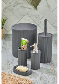 Resim Line 5 Parça Yuvarlak Banyo Seti - Çöp Kovası Wc Fırçası Sıvı-katı Sabunluk Diş Fırças Antrasit 