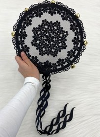 Resim ZEYMERADE Siyah Çiçekli Parlak Taşlı Gelin Tefi, Düğün Kına Söz Sünnet Bekarlığa Veda Bride Zilli 25cm, 1 Adet 
