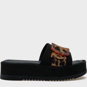 Resim Capone Outfitters Marin Dolgu Topuklu Leoparlı Tokalı Süet Kadın Terlik 