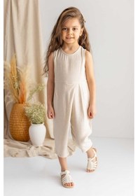 Resim Oliven The Kid Oliventhekid Bej Keten Kolsuz Arkası Düğmeli Asimetrik Pileli Kız Çocuk Tulum Bej Bej 