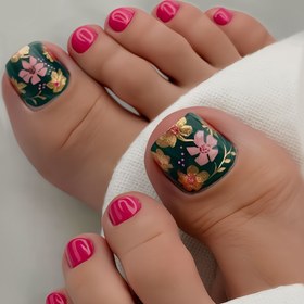 Resim Güzelliğinizi Geliştirin 24 Adet Kısa Kare Burun Tırnaklar Şık Serin Pembe Parlak Çiçekli Puantiyeli Çizgili Altın Çiçek Fransız Sahte Tırnak Moda Çok Yönlü Basınçlı Manikür Seti Bahar ve Yaz Kadınları için Jel Yapıştırıcı ve Tırnak Törpüsü ile 