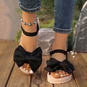 Resim Şık Kadın Mary Jane Düz Sandaletler Siyah Fiyonk Detaylı - Hafif Yumuşak Mikrofiber Kayma-On Açık Burunlu Plaj Ayakkabıları, Rahat EVA Taban Günlük ve Resmi Kullanım İçin, Her Mevsim Uygun Tasarım, Yazlık Ayakkabılar, Fiyonklı Görünüm, Nefes Alabilen Kumaş 