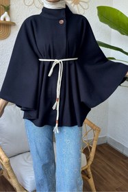 Resim Caddebostan Moda Örgü Kuşaklı Kaşe Kumaş Kadın Kışlık Trend Premium Luxury Şık Düğmeli Panço 