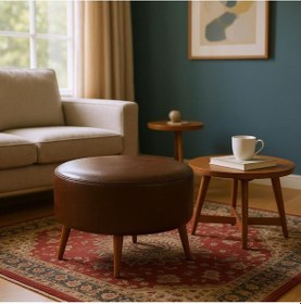 Resim Azra Mobilya Acı Kahve Yuvarlak Deri Puf 60 Cm Çap, 46 Cm Yükseklik, Modern Ceviz Ayaklı Kahverengi 