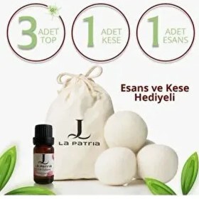 Resim Lapatria La Patria 3 Adet Xxxl Yün Çamaşır Kurutma Makinası Topu Beyaz Kese ve 10 ml Esans Yağ Hediye 