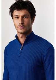 Resim Tudors Slim Fit Dar Kesim Dik Yaka Fermuarlı Desenli Saks Mavi Erkek Triko Kazak-28922 Saks 