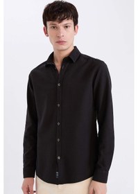 Resim DeFacto Slim Fit Dar Kesim Pamuklu Basic Düz Uzun Kollu Gömlek A4644AX24AUBK27 