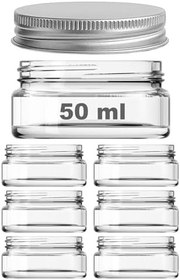 Resim Afracam 50 ml Cam Kozmetik Kavanoz Şeffaf 50 cc Yassı Krem Kavanozu Metal Gümüş Kapaklı 6 Adet 