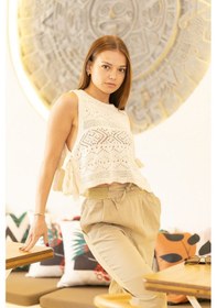 Resim Yandan Bağlamalı Örme Crop Bej 