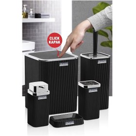 Resim Okyanus Home Stella Siyah Kromlu Çizgili Kare 5'li Banyo Seti Siyah 