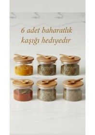 Resim 6'lı Bambu Kapaklı Borosilikat Cam Kavanoz Seti - Vakumlu Hava Almaz Baharatlık Takımı Açık Kahverengi 