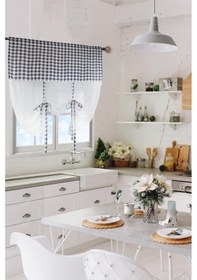 Resim Naturel Potlu Ekose Tül Perde Retro Siyah 