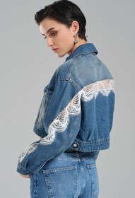 Resim tw3 Kadın Mavi Kot Rengi Kolları Dantelli Loose Fit Tasarım Denim Ceket 