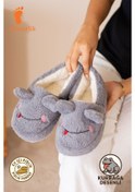 Resim Albishoes Kışlık Içi Tüylü Kadın Ev Ayakkabı Kurbağa Figürlü Kaydırmaz Rahat Taban Panduf Ev Botu Gri 