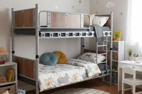Resim Argimo Elegan Genç Çocuk Odası Ahşap Başlıklı Metal Ranza ve Karyola - 90x200 / Ceviz 