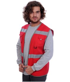Resim Çok Cepli Alet Yelek Kırmızı / Gri Reflektörlü 