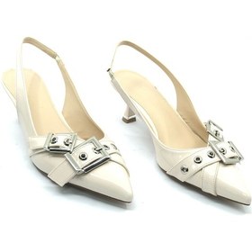 Resim Feles Şeker Topuklu Çift Toka Detaylı Arkası Açık Stiletto Kadın Kısa Topuklu Ayakkabı Ten 