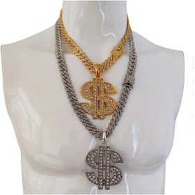 Resim 18K Alaşım Altın Kaplama Küba Zinciri Boyunluk 14Mm Elmas Faux Elmas Erkekler Hip-Hop Tarzı Ağır ABD Dolaru Sembol Kolye Kişilik 