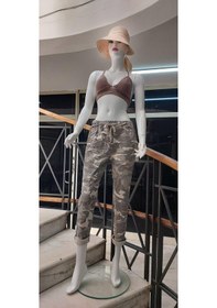 Resim Eren Style Italyan Beli Bağlamalı Kamuflaj Desenli Dar Paça Pantolon-9078 Bej 