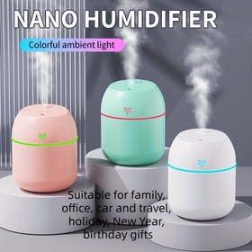 Resim USB nemlendirici, çok renkli LED gece lambalı nemlendirici, sessiz nemlendirici, su ile ses dalgası teknolojili nemlendirici, ince püskürtmeli aromaterapi makinesi, büyük yatak odası, aile, bebek odası, ofis, araba ve seyahat için uygun, tatil veya Yeni Yıl, doğum günü hediyesi 