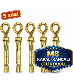 Resim DESIPHON Kancalı Çelik Dübel M8 Kapalı Ağız 5 Adet Salıncak Boks Torbası Avize Tavan Asma Aparatı 