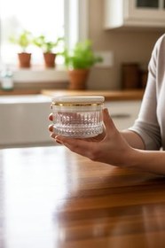 Resim Amandus Aura Gold - 6'lı Cam Kahvaltılık Sızdırmaz Plastik Vakumlu Kapaklı Çok Amaçlı Cam Çerezlik 235ml Altın Tek Ebat 