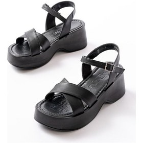 Resim 24414-1005 Siyah Günlük Çapraz Dolgu Topuk Kadın Sandalet Bej 