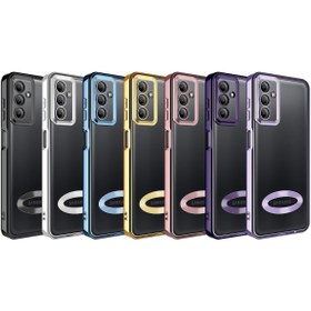 Resim Fibaks Galaxy A04S/M13 Kılıf Kamera Lens Korumalı Şeffaf Renkli Logo Gösteren Parlak Kapak Mavi 