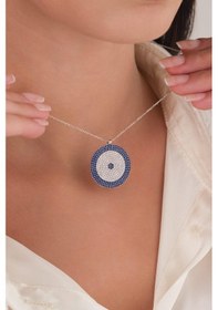 Resim 25 Mm Gümüş Mavi Lacivert Zirkon Taşlı Göz Nazar Boncuğu Boncuklu Kolye 