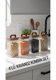 Resim Akasya Kapaklı 4 Lü Cam Saklama Kavanoz Seti Mien 4'lü 1500 Ml Kare, Akasya Kapaklı, Kulp Detaylı Set Kahverengi - Şeffaf 