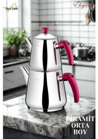 Resim Piramit Orta Boy Bakalit Kuplu Çaydanlık Takımı-gül Kurusu Rose 