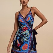 Resim Kadınlar için şık çiçek desenli V-Neck dantel askılı tank elbise - Kolsuz, kısa, yazlık elbise, çapraz hem ve göğüs pedi olmadan, yetişkinler için mükemmel 