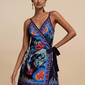 Resim Kadınlar için şık çiçek desenli V-Neck dantel askılı tank elbise - Kolsuz, kısa, yazlık elbise, çapraz hem ve göğüs pedi olmadan, yetişkinler için mükemmel 