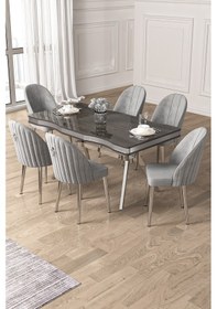 Resim Canisa Pem Serisi 90x160 Lak Panel Antrasit İroni Krom Ayak Masa Takımı 6 Gri Sandalye Antrasit İroni Masa Gri Sandalye 