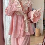 Resim Yeni İlkbahar/Sonbahar Uzun Kollu Japon Kimono Tarzı Pijama Takımı - Kontrast Dantel Detaylı, İnce Ev Giyimi, Rahat Yatak Kıyafeti, Zarif Ev Kıyafeti, Yumuşak Uyku Kıyafeti, İnce İşçilikli İki Parça Pijama, Kadınlar İçin Konforlu Ev Kıyafeti 