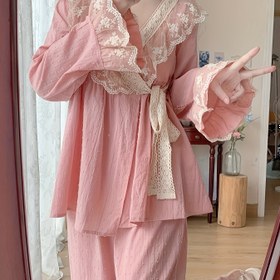 Resim Yeni İlkbahar/Sonbahar Uzun Kollu Japon Kimono Tarzı Pijama Takımı - Kontrast Dantel Detaylı, İnce Ev Giyimi, Rahat Yatak Kıyafeti, Zarif Ev Kıyafeti, Yumuşak Uyku Kıyafeti, İnce İşçilikli İki Parça Pijama, Kadınlar İçin Konforlu Ev Kıyafeti 
