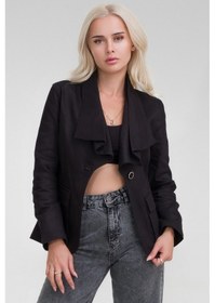 Resim Kadın Pamuk Likralı Düğmeli Yaka Valonlu Cepli Ceket Siyah 
