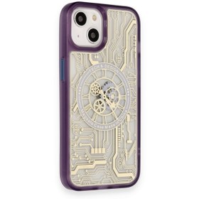 Resim Apple iPhone 14 Kılıf Wireless Tacsafe Magic Desen Ultra Koruma Sert Kapak Derin Mor 