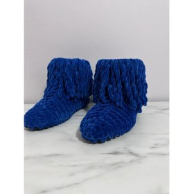 Resim Merut Style El Örgüsü Kadifeip Koyu Mavi Püsküllü Ev Botu Panduf 